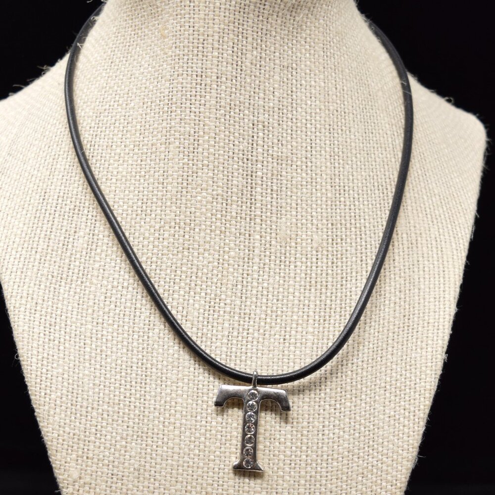 T Letter Choker Silvertone Rhinestone Necklace Black Vinyl Cord Lobster Claw